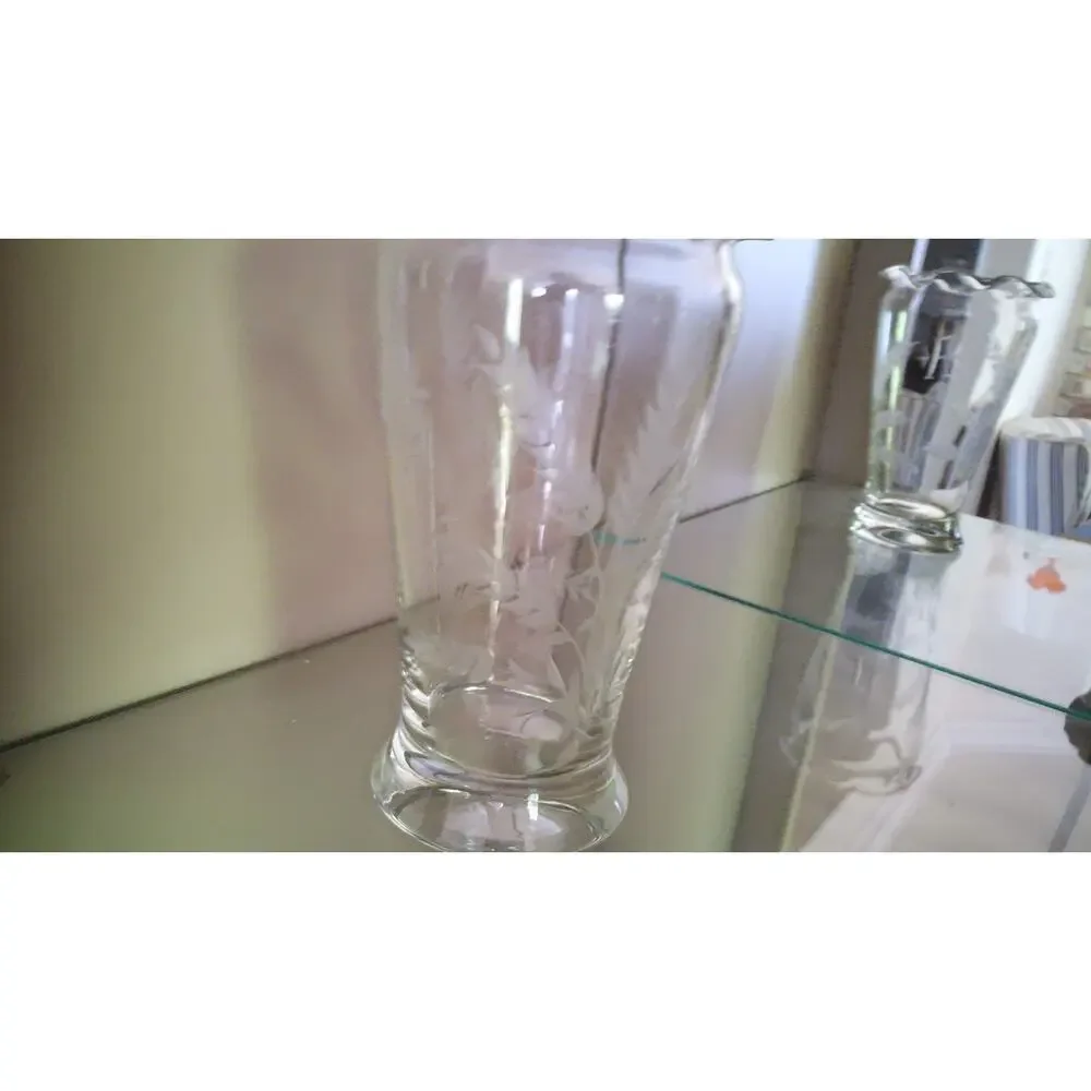 Hand Blown Clear Vase Etched Wheat Pattern‎ Initial A Ribbon Rim 9” Vintage
